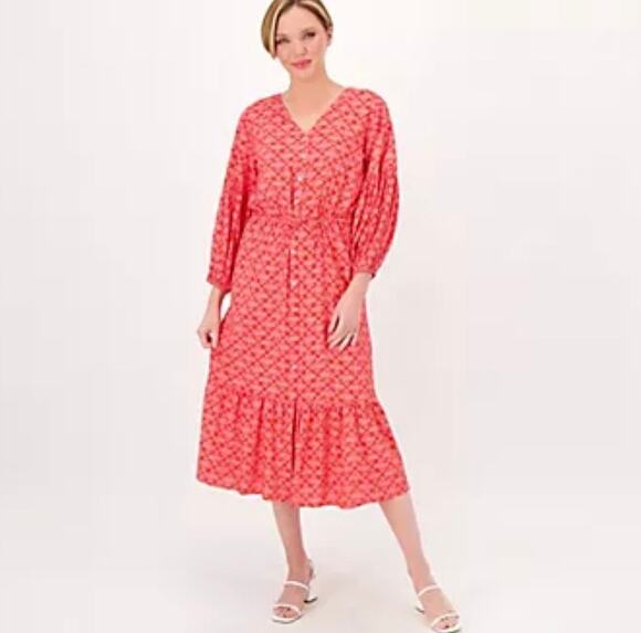 Candace Cameron Bure Dresses & Skirts - Candace Cameron Bure Printed V Neck Midi Dress Size M Medium Coral